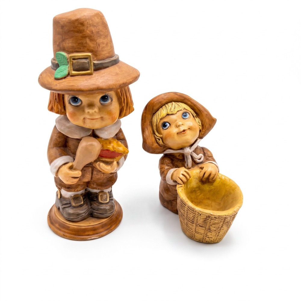 Vintage 1978 Thanksgiving Pilgrim Figurine Set Signed by Carol Ripton 2Piece Set